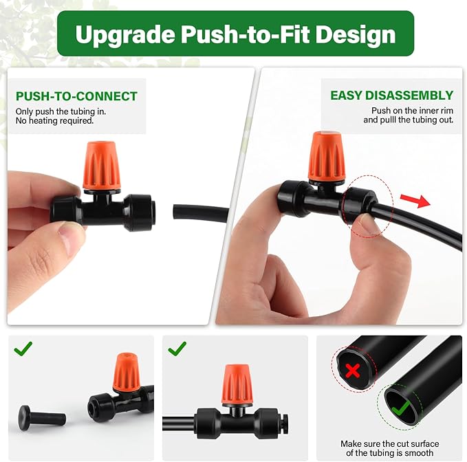 Kalolary 30Pcs Push-to-Fit Drip Irrigation Spray Emitters for 1/4" Tubing,Three-Way Adjustable Atomizing Nozzle Micro Irrigation Dripper Sprinklers with 6PCS End Plugs for Irrigation System(Orange)