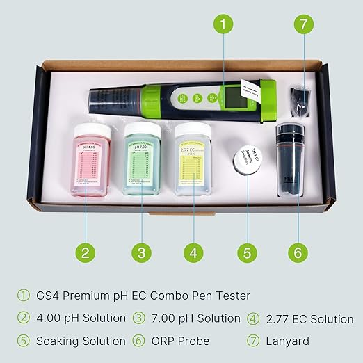 Apera Instruments GroStar Series GS4-P pH/EC/500ppm/700ppm/ORP 6-in-1 Combo Pen Tester Kit with Replaceable Double-Junction pH/EC Probe and ORP Probe for Hydroponics Water Quality Testing, Gen II
