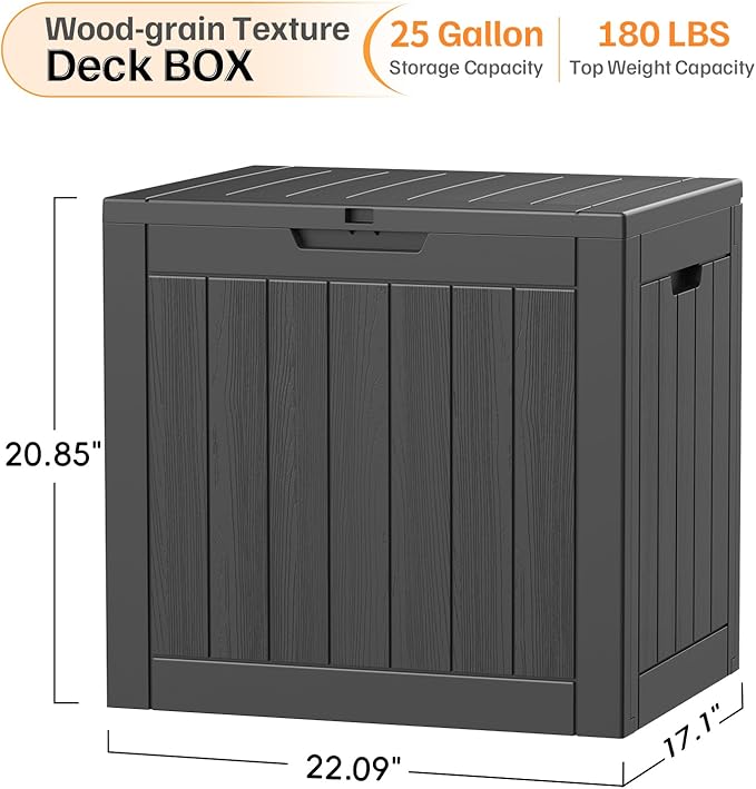 25 Gallon Deck Box, Small Outdoor Storage Box Waterproof, UV-Resistant and Weatherproof Outside Resin Storage Bin for Outdoor Patio Furniture Pillows, Pool Supplies, Garden Tools, Black