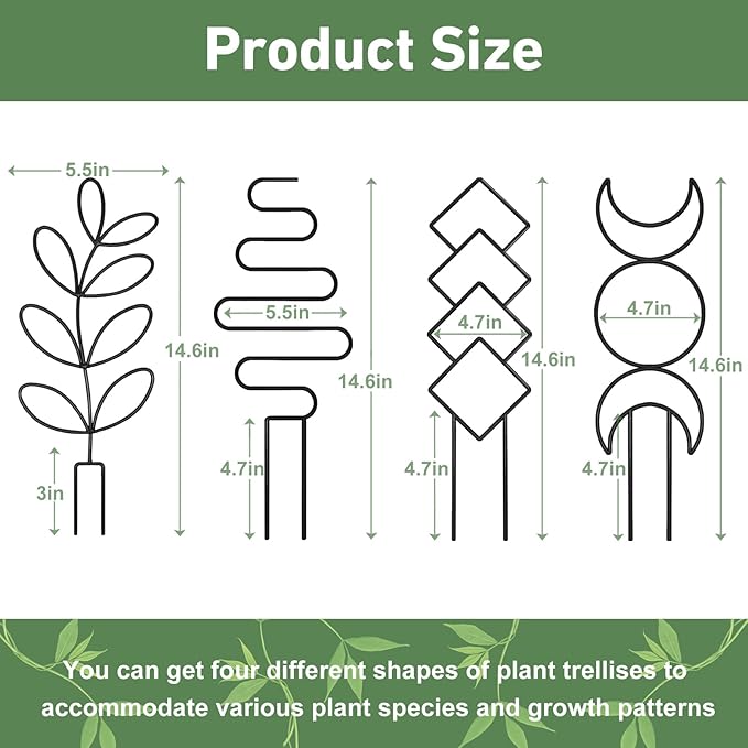 Plant Trellis for Climbing Plants Indoor, Small 14.6in Metal Trellis for Potted Plants, Mini Houseplant Hoya Pothos Trellis with Ties, Set of 4p Different Shap, Black