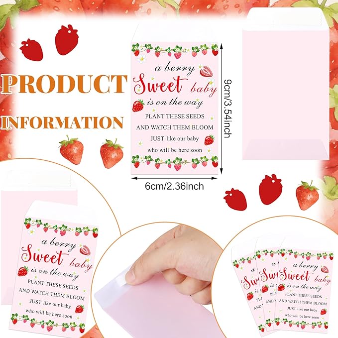 Ctosree 50 Sets Strawberry Baby Shower Favors for Guests a Berry Sweet Baby Is on the Way Seed Packets Include Self-adhesive Seed Packets Flowerpot Thank You Tags Organza Bags for Gender Reveal Party