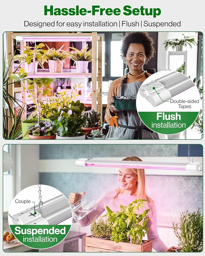 Sunco 2ft Grow Light LED, 20W, Full Spectrum, for Seed Starting, Seedling, Indoor Plants, Plug in Suspended Fixture, Link Up to 8, Inline Switch, ETL 4 Pack.