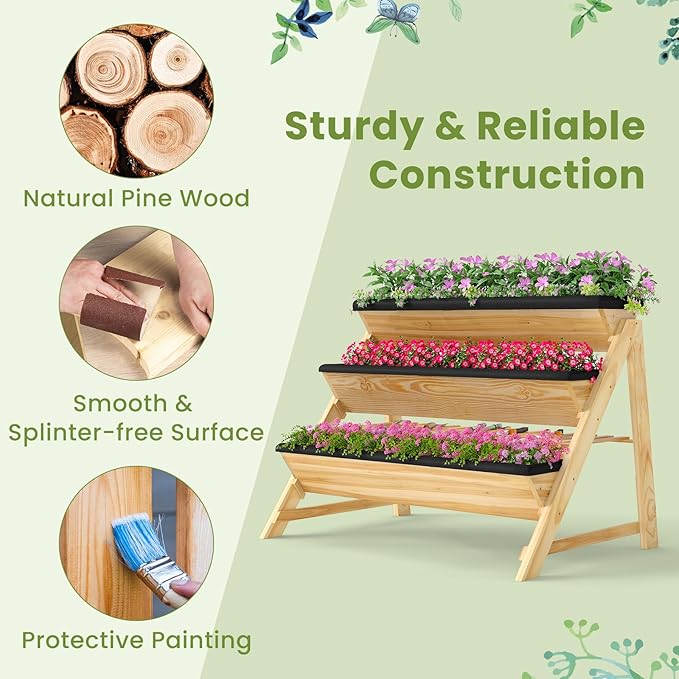 3-Tier Raised Garden Bed, Vertical Garden Planter w/Storage Shelf, Bed Liner & 2 Side Hooks, Wood Elevated Planter Box Outdoor for Plants Vegetables Flowers Herbs,Natural (46" x 29" x 31.5")