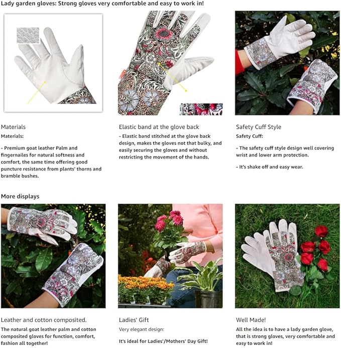 Lady Gardening Work Gloves, Premium Goat Leather Palm, Plants Thorn Resistance, Wrist and Lower Arm Protection,Women Medium Size