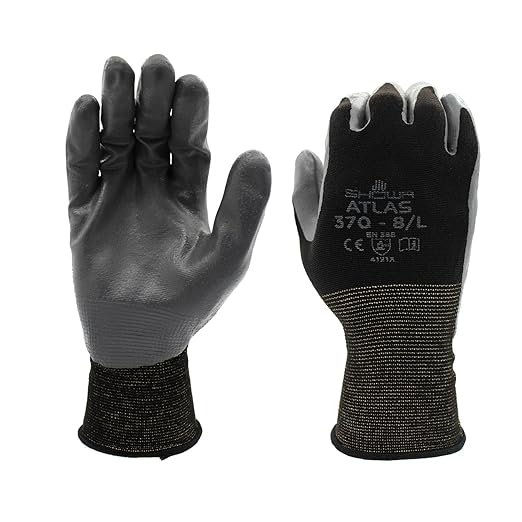 SHOWA Atlas 370B Professional Nitrile Work Gloves, Breathable High-Dexterity Precision Grip for Landscaping, Gardening & Assembly, General Purpose Gloves, Black, Medium, Vending Pack, 12-Pair