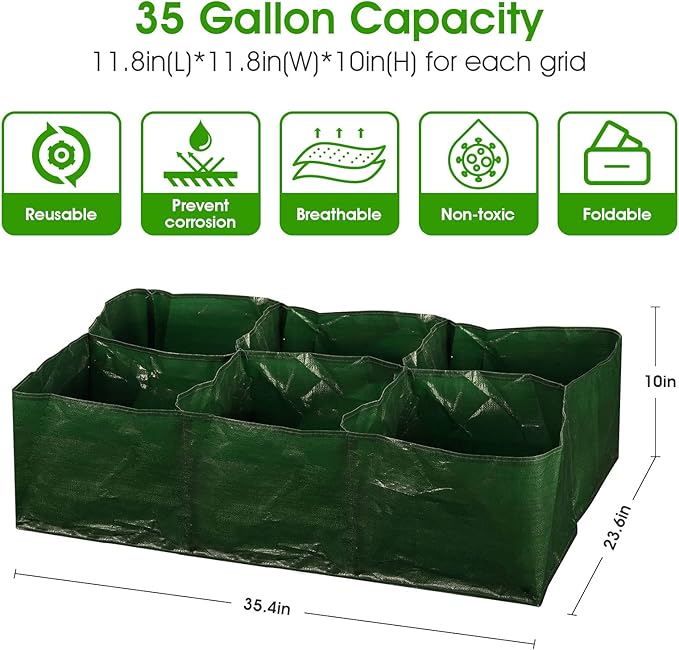 iPower PE Garden Planting Bed 35-Gallon Heavy Duty Plastic Raised Plant Grow Bag with 6 Partition Grids Potato Tomato Rectangle Planter Pots Containers, for Vegetables, Fruits, Flowers, 4 Packs