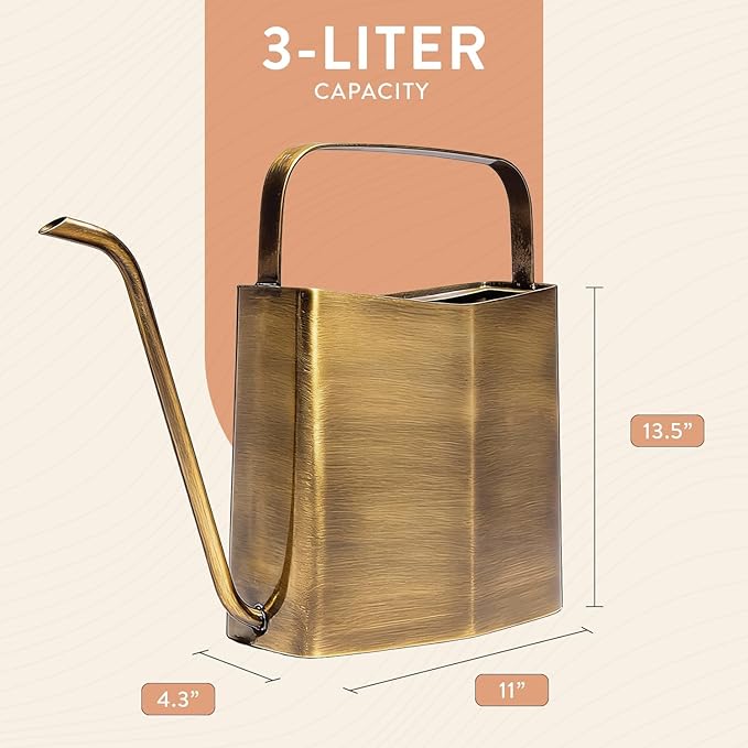 Modern Sprout Brass Finish Plant Watering Can - 3L Capacity - Long Spout Stainless Steel Vessel for Outdoor & Indoor Plants - Rust Resistant - Garden Accessory & Decorative Use - Gift for Mother's Day