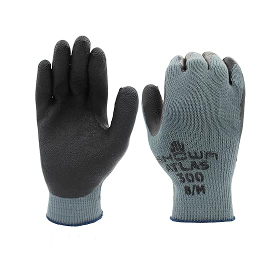 SHOWA Atlas 300B Original 1994 Crinkle Grip Work Gloves, Natural Latex Palm, Heavy Duty 10-Gauge for Construction, Landscaping, Gardening, & Masonry, Black, Medium, 1-Pair