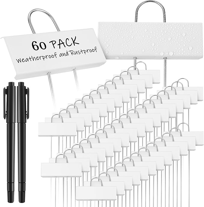 Maitys 62 Pcs Metal Garden Markers Plant Label Stakes Outdoor Weatherproof 10.6 Inch Stainless Steel Nursery Tags Bulk with Pens (White Label with Black Ink)