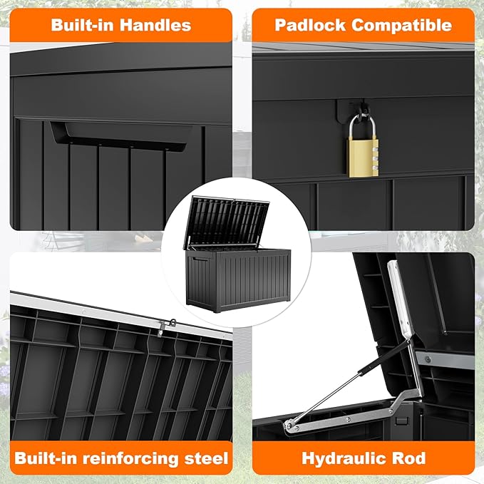 280 Gallon Outdoor Deck Box,Waterproof Resin Outdoor Storage Boxes, Outside Storage Lockable Container for Garden Tools,Indooor Cushions,Accessories (Black)