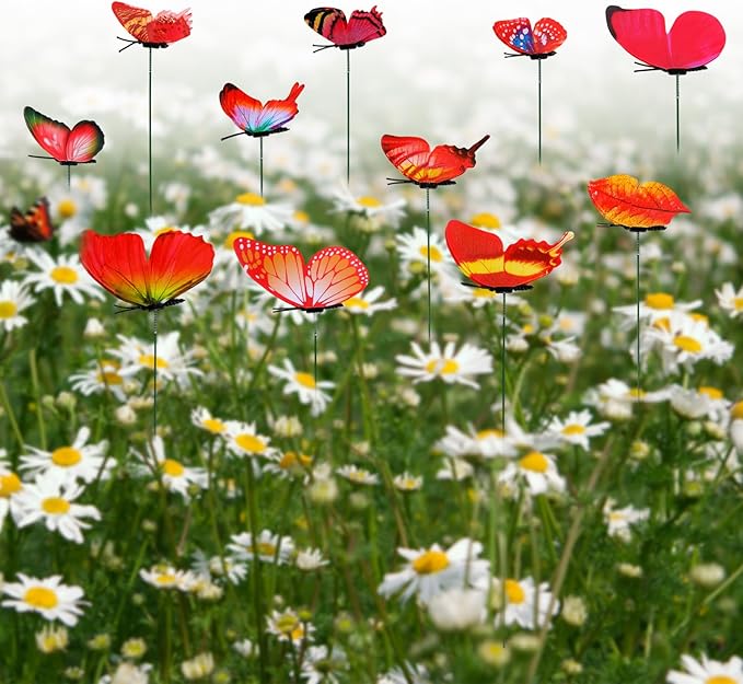 12pcs Decorative Butterfly Plant Stakes, 9.8in Lifelike Butterfly Garden Stakes PVC Waterproof Flower Pot Decorations for Garden Lawn Patio Indoor Outdoor Yard Planter Art Decor (Red)