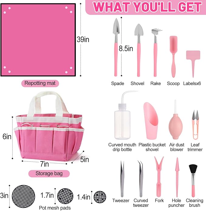 44pcs Small Gardening Tools Gifts for Women Beginners - Garden Hand Tools Set for Indoor Succulent Bonsai Plants Transplanting, Included Bag/Repotting Mat/Shovel/Labels, Pink