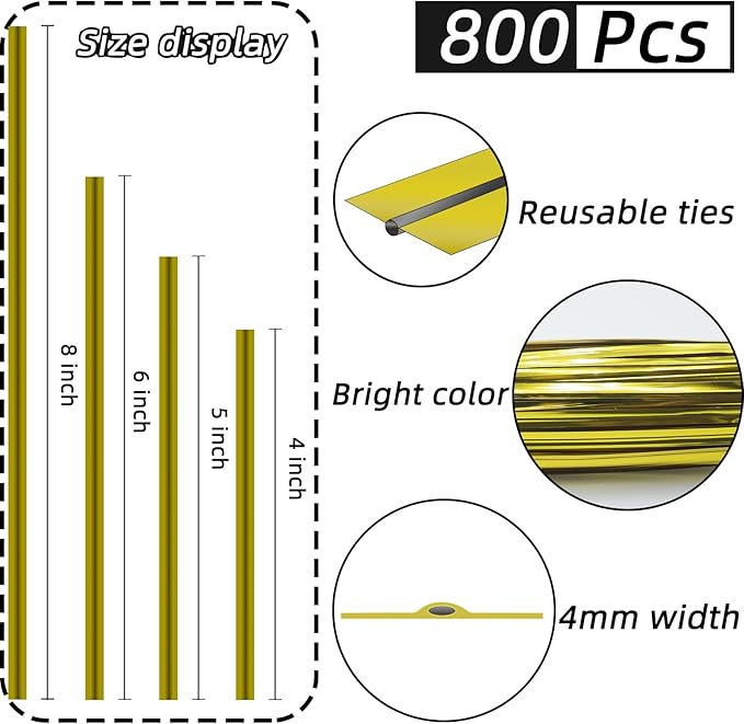 800Pcs Gold Twist Tie, 5Inch Metallic Twist Ties for Treat Bags, Reusable Twist Ties Bulk for Party Favors, Baked Goods, Cookies, Gardening and Christmas Decor