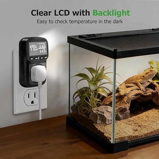 Reptile Thermostat Temperature Controller, Digital Timer Dimming Outlet for Greenhouse, Reptile Tank, Heat Pad, Seedlings, Fermentation, Brewing, Cyclic Timing/Countdown, 15A/1800W, VA Display