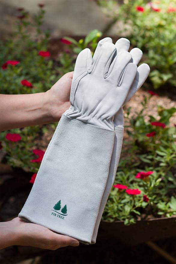 Fir Tree Leather Gardening Gloves for Women & Men - Thorn Proof Goatskin Rose Pruning Gloves with Long Suede Cowhide Gauntlet - Heavy Duty, Puncture Resistance & Washable Work Gloves
