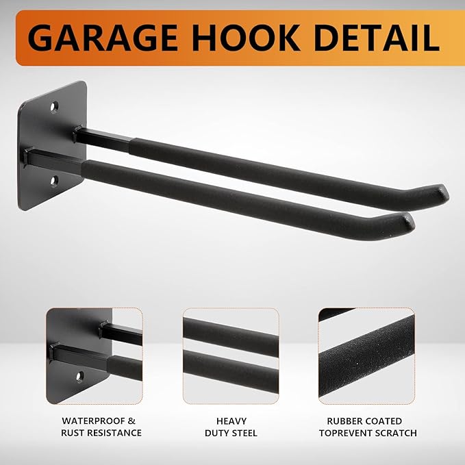 Sinoer Heavy Duty Double Garage Hooks 14 Inch Wall Mount Steel Utility Hooks, Tool Organizer for Ladders, Chairs, Ropes, Tires & Strollers (2 Pack)