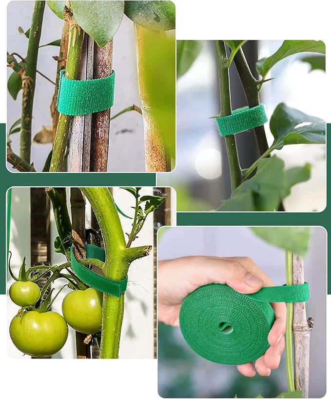 65.6 Ft Plant Ties Garden Tape, Reusable Adjustable Plant Clips for Climbing Plants, Green Nylon Self Adhesive Plant Twist Tie Strap to Support Gardening Plants