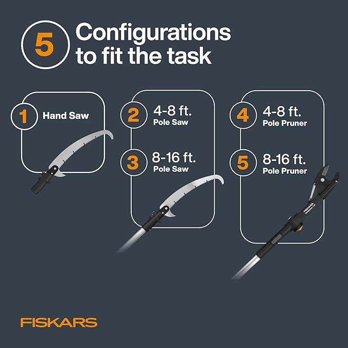 Fiskars XtendControl 16' Tree Pruner Kit with Rotating Pruner Head, 15" X3 Double-Hooked Saw, Two 4-8 Ft Extension Poles, Cuts Branches up to 1.25", Pivots 45 Degrees, Lightweight Aluminum