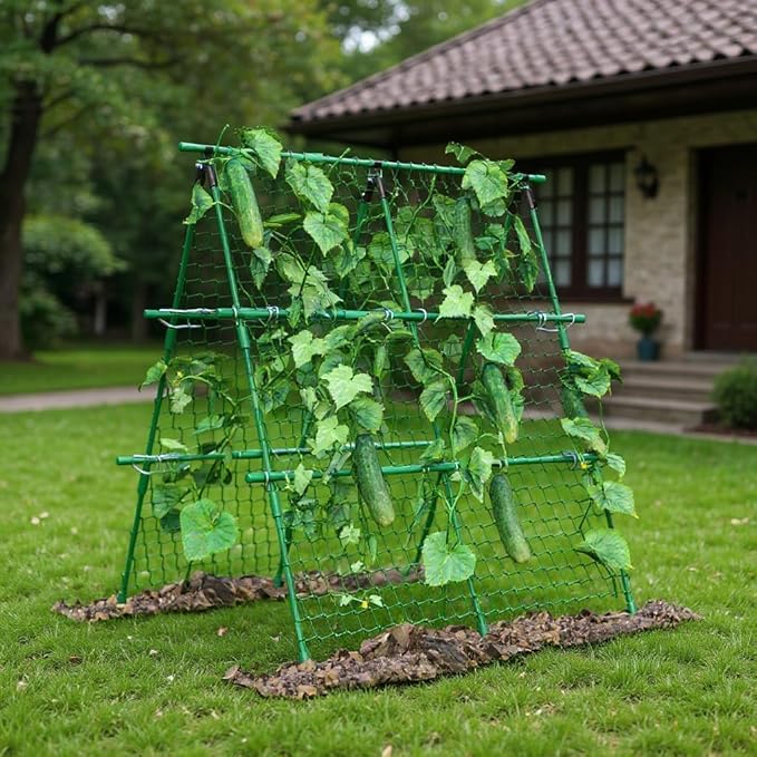 4ft x 4ft Green Metal a-Frame Cucumber Trellis for Climbing Plants – Foldable Garden Support for Cucumbers, Tomatoes, Peas, Beans & Vines with Netting – Fits Raised Beds