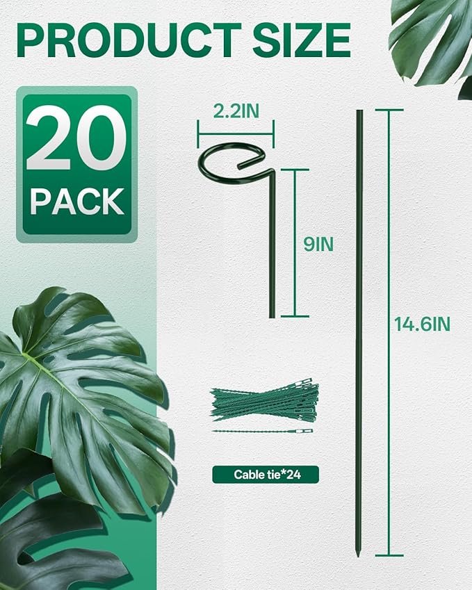 Breeze Touch 20 Pack Plant Stakes, 23.6 Inch Plant Support Stakes with 15 Twist Ties, Plant Sticks Support, Flower Stakes for Plants Peony, Tomato Seedling, Marigold, Amaryllis, Sapling, Coreopsis