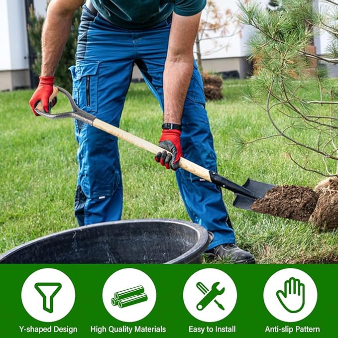 Shovel D Grip Handle, 32mm Inner Diameter Metal Shovel Replacement Handle with Wooden Grip Spade Snow Scoop Digging Raking Tools with 4 Rivets for Digging Raking