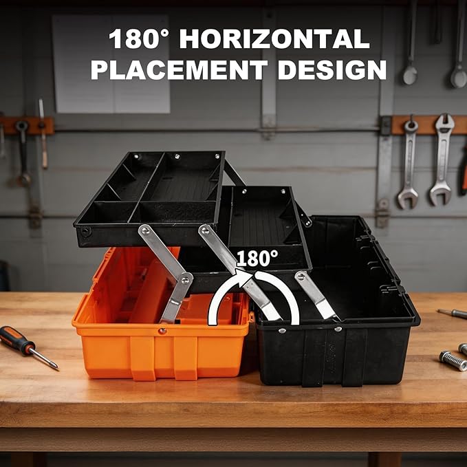 Jack Boss 17 Inch 3-Tier Portable Plastic Tool Box – Multi-Function Organizer, Black/Orange