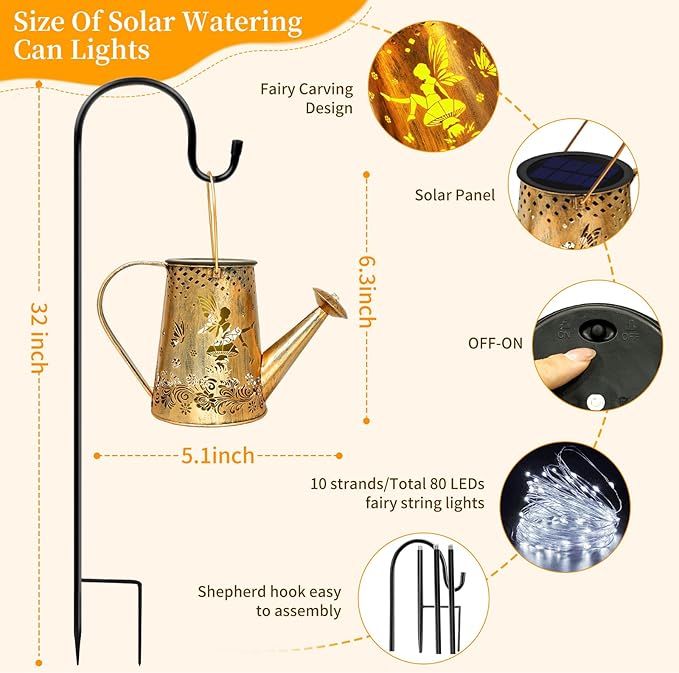 YJFWAL Solar Watering can with Lights, Gifts for Mothers Day Mom Grandma Women Birthday, Waterproof Gardening Gifts Watering Can with Cascading Lights Outdoor Decor for Garden Patio Yard Pathway