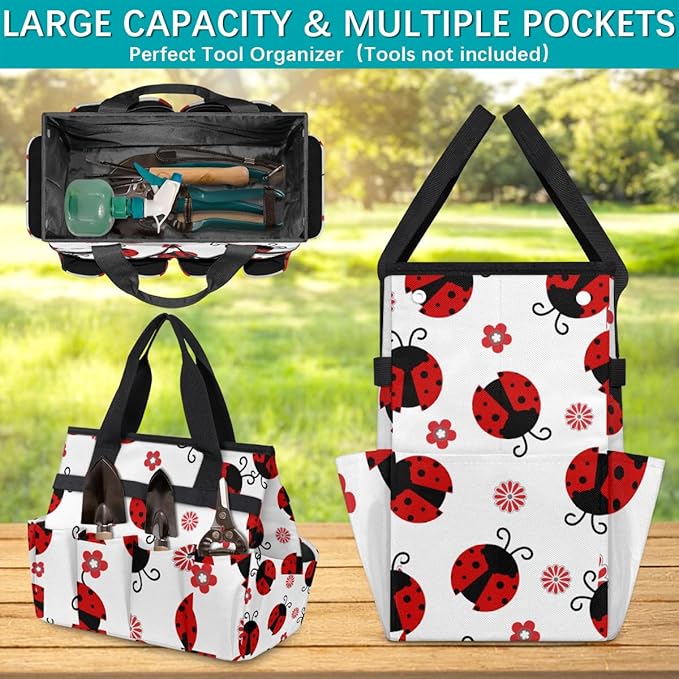 Ladybug Gardening Tool Bag,Heavy Duty Garden Tote Bag,Portable Oxford Flower Gardening Storage Basket Organizer Handbag with Pockets Handle,Hand Tools Gifts for Outdoor Garden Lawn Yard