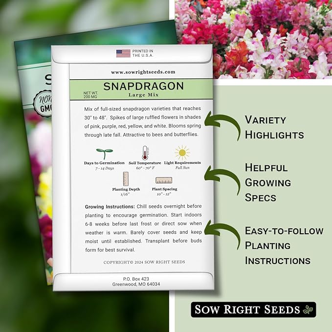 Sow Right Seeds - Large Mixed Snapdragon Flower Seeds for Planting - Non-GMO Heirloom Packet With Instructions to Grow - Fragrant Annual Flower Spikes in a Mix of Colors - Long-Lasting Blooms