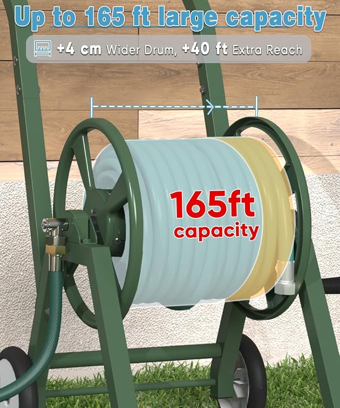 Garden Hose Reel Cart with Wheels, Holds 165 ft of 5/8’’ Hose Outdoor Heavy Duty Powder-coated Steel Water Storage Winder Holder with 3.9 Ft Leader Hose for Outside Lawn Yard, Green