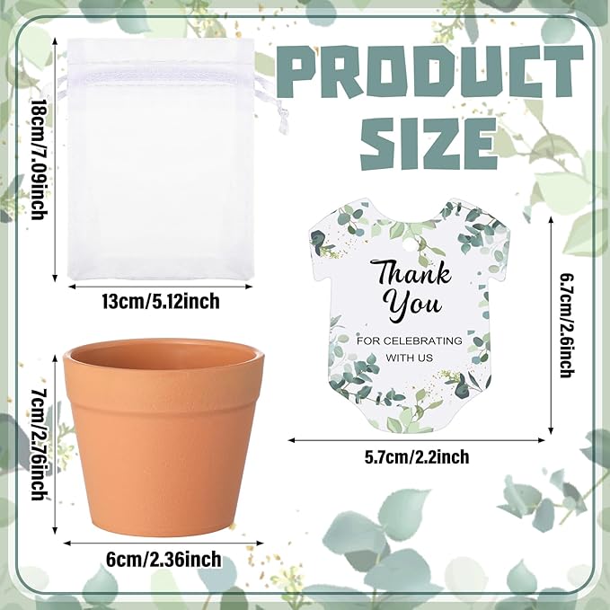 Ctosree 50 Sets Eucalyptus Leaf Baby in Bloom Baby Shower Seed Packets Favors for Guests Include Self Adhesive Seed Packets (No Seeds) Clay Plastic Flowerpot Thank You Tags Hemp Rope Organza Gift Bags