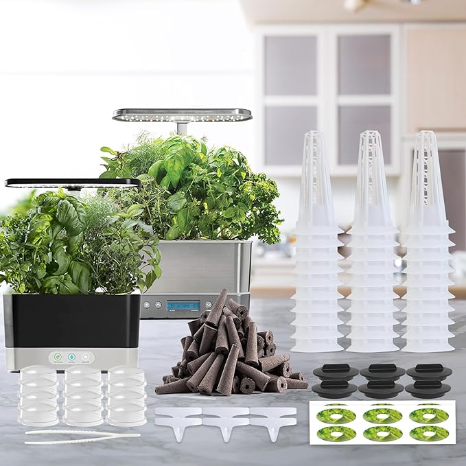 85Pcs Hydroponic Pods Supplies for Aerogarden Pods, Grow Anything Kit, Hydroponics Garden Accessories, 24 Grow Sponges 12 Grow Baskets 12 Grow Domes 24 Pod Labels 6 Spacers 6 Plant Labels 1 Tweezer