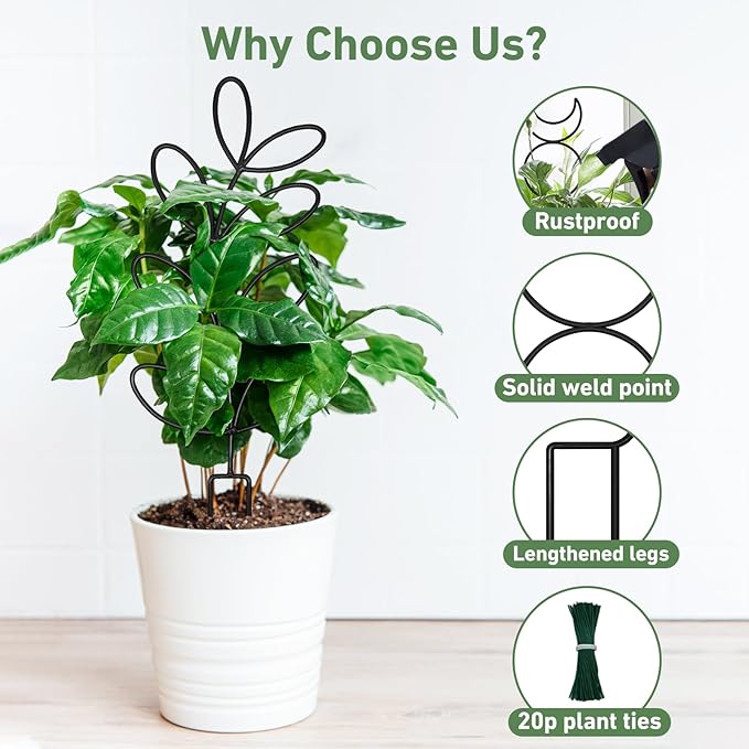 Plant Trellis for Climbing Plants Indoor, Small 14.6in Metal Trellis for Potted Plants, Mini Houseplant Hoya Pothos Trellis with Ties, Set of 4p Different Shap, Black
