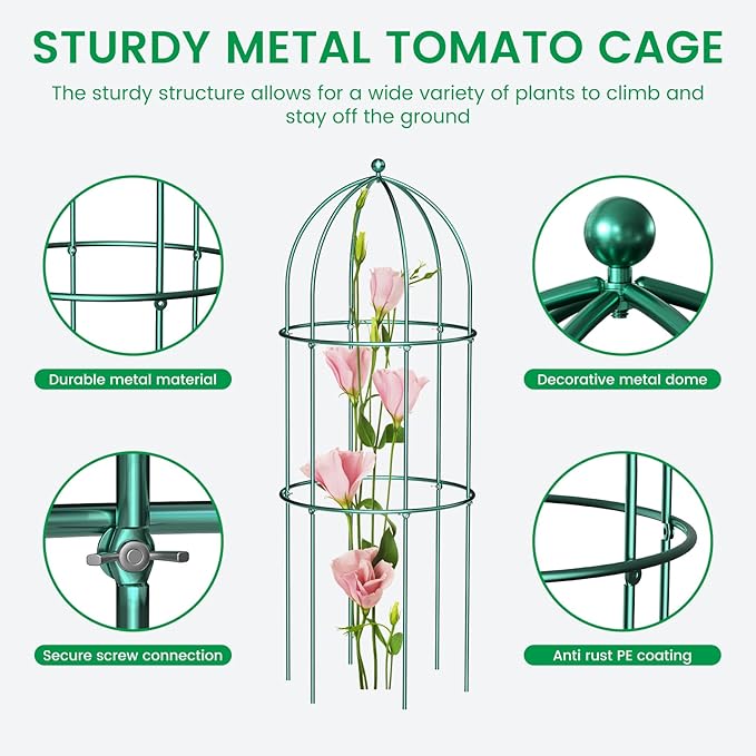 SUNYRISY 3 Pack Metal Plant Support Cage for Tomato Peony Cucumber, 47.2in H Garden Arch Obelisk Trellis for Climbing Plants Supports Outdoor for Vine Vegetables Flowers, Green