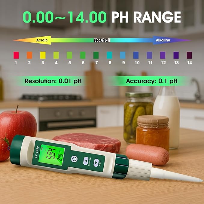 Digital pH Meter for Food, pH Tester Probe for Sourdough Bread Dough, Meat, Cheese, Fruit, Cosmetics, Water, Smart Lab pH Test kit Pen with ATC, Temperature Backlit Display for Solids Liquids Soil