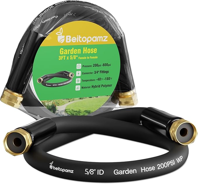 Short Garden Hose 3 ft x 5/8" Female to Female, Heavy Duty Small Water Hose Extender Connector, Leak-Free Connections Hybrid Rubber Leader Hose with 3/4" Double GHT Fittings, Black