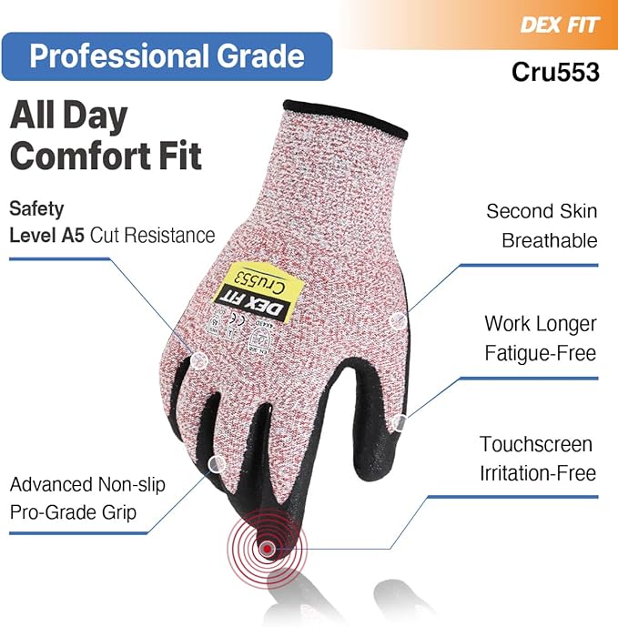 DEX FIT Level 5 Cut Resistant Gloves Cru553-3D Comfort Fit, Power Grip Foam Nitrile, Touchscreen, Thin & Breathable - Durable Safety for Mechanic, Glass, Metal; Red, L (9), 1 Pair