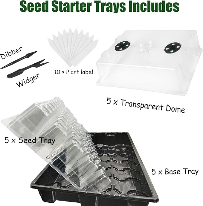 5-Set Seed Starter Tray Kits, Durable Plant Germination Trays with Humidity Vented Domes and Bases, Ideal for Seed Starting, Indoor Gardening, and Greenhouse (Total 200 Cells)