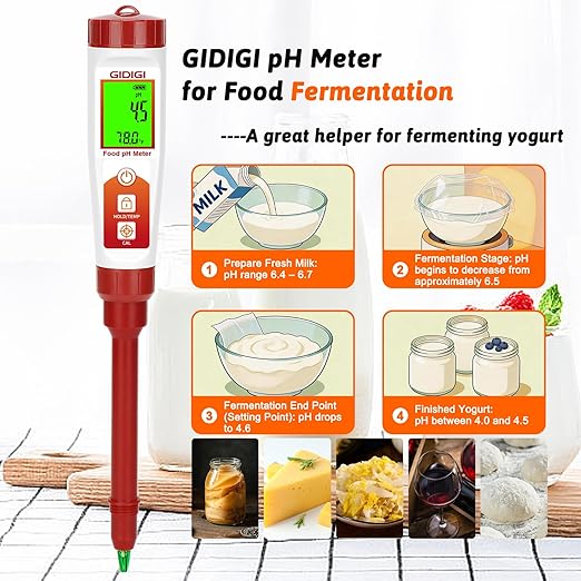 pH Meter for Food Fermentation, Digital pH Temp. Tester for Sourdough Bread Acidity Tester 5.5in pH Probe pH Tester for Cheese Hot Sauce Kombucha Wine Meat Saliva Cosmetic, 1 Replaceable Probe