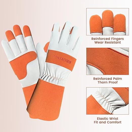Gardening Gloves, Long Thorn Proof Garden Gloves for Women and Men, Goatskin Breathable Leather Work Gloves for Gardening, Pruning, Yard Work, Brown, S