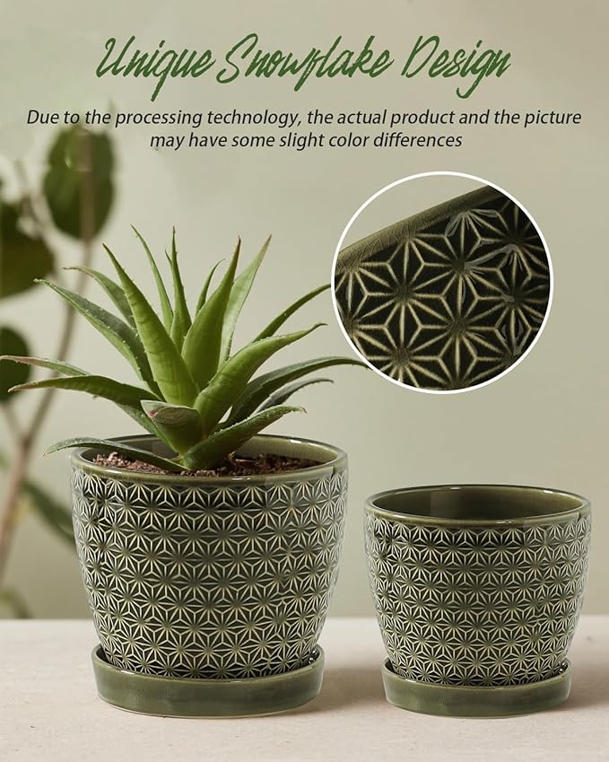Plant Pots, Flower Pots, Planters for Indoor Plants(6.5+5.5inch), Flower Pots for Indoor Plant with Drainage Hole and Saucer, Ceramic Pots for Plants with Hole Mesh Pad,Reactive Glaze Green