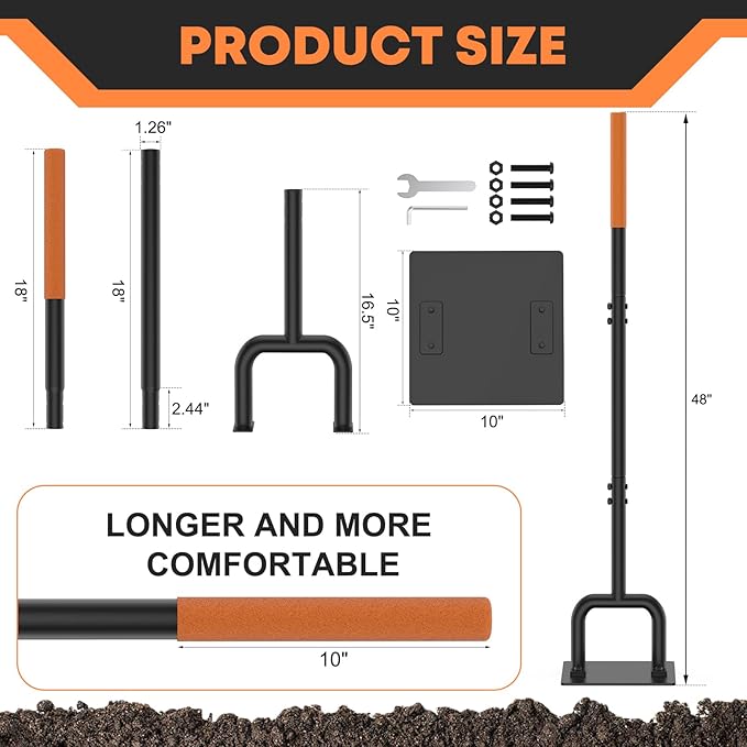 48" Newly Upgraded 10"x10" Steel Tamper Tool, Heavy-Duty Reinforced Gardening Hand Tools with 10 Inch Rubber Grip for Earth Soil Asphalt, Gravel and Dirt Compaction Levelling Paver Tool Compactor