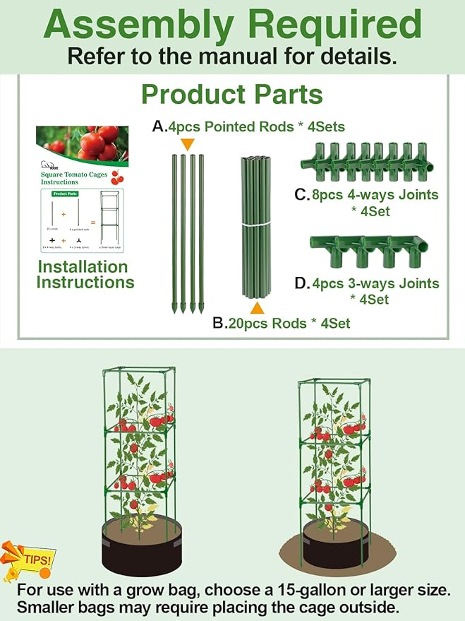 PAMASE Tomato Cages for Garden - 45x14.5x14.5in Square Tomato Plant Support Pole, Heavy Duty Steel Plant Tower Stakes Cucumber Trellis for Climbing Vegetable Flowers Fruits, 4 Pack