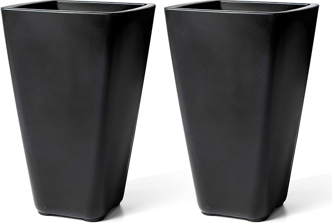 Step2 Bridgeview Tall Square Planter, Large Planters for Outdoor Plants, Gardening and Flower Pot for Patio or Porch, Efficient Drainage, Durable Plastic, Onyx Black, 2-Pack
