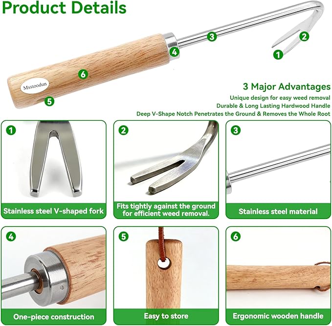 2 Pack Double Claw Root Hook Weeding Tool with Wooden Handle, Hand Weeder Tool for Garden Weed Removal, Manual Weed Puller for Deep Roots & Dandelions, Bonus Stainless Steel Single Claw Root Hook