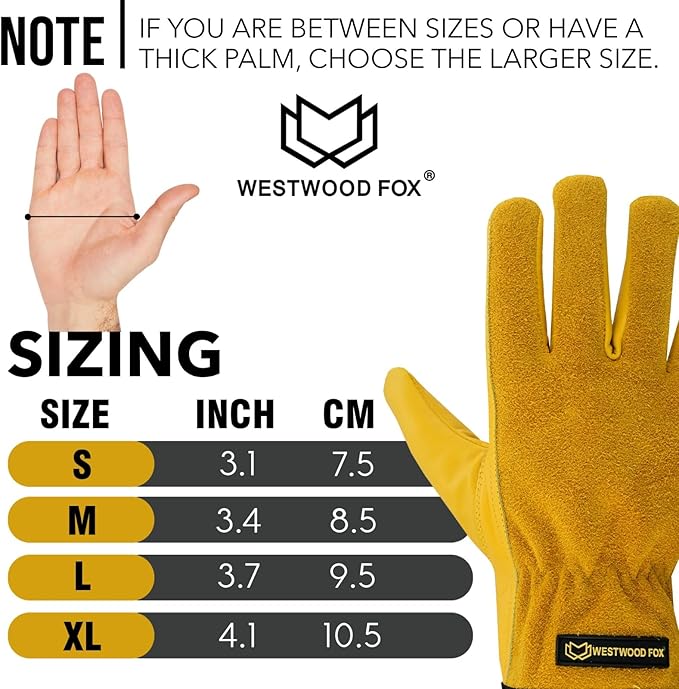 WESTWOOD FOX Work Gloves Men Heavy Duty Leather Gardening Gloves for Thorn Resistant Padded Palm Utility Working
