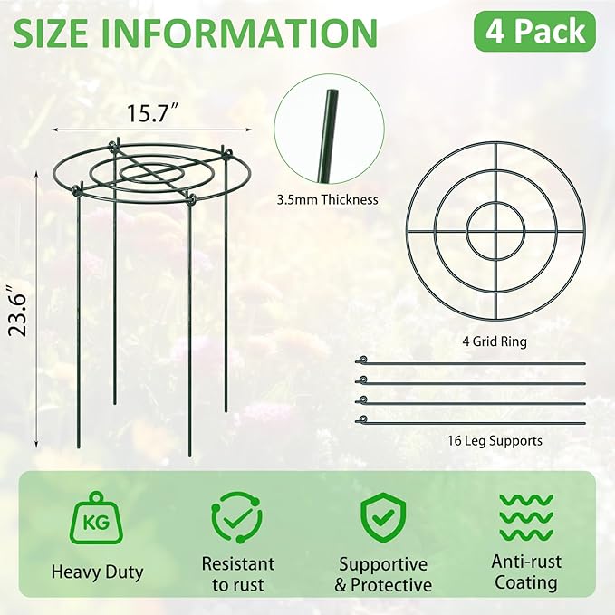 Pelopy 4 Pack 15.7" D x 23.6" H Large Peony Cages and Supports Heavy Duty Metal Plant Support Stakes Flower Support Hoops Rings for Outdoor Garden Rose Tomato, Hydrangea, Peonies, Sage, Cucumbers