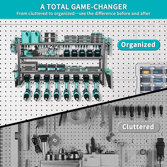 Power Tool Organizer Wall Mount Loads 400lbs, 4 Layers Heavy Duty Tool Organizers and Storage, Cordless Tool Rack with 8 Drills Holder, for Garage Workshop Shed Tool Room Garden