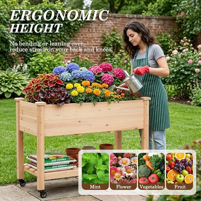 Raised Garden Bed with Lockable Wheels, 48x24x32 inch Elevated Wood Planter with Storage Shelf Protective Liner for Vegetable Flower Herb Outdoor Balcony Patio Backyard, Natural