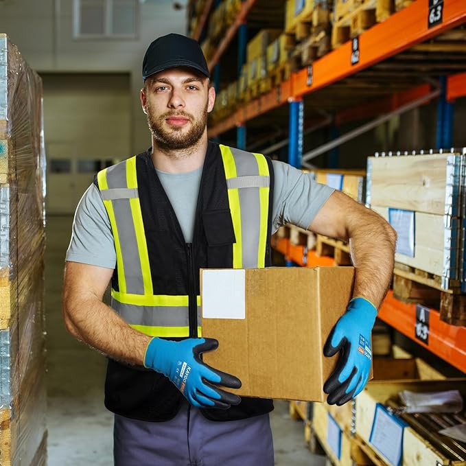 Work Gloves PU Coated for Men and Women, 12 Pairs Safety Work Gloves with Two Fingers Touchscreen, Breathable and Lightweight,Ideal for Light Warehouse, Manufacturing, Gardening, KG11P (M, Blue)